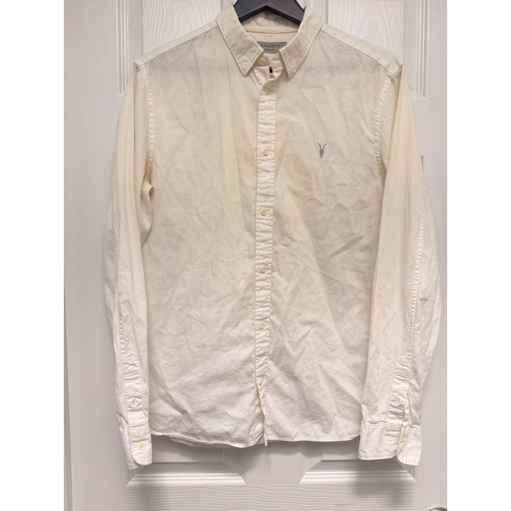 AllSaints Mens Cream Ramskull Embroidered Long Sleeve Button Down Shirt Medium
